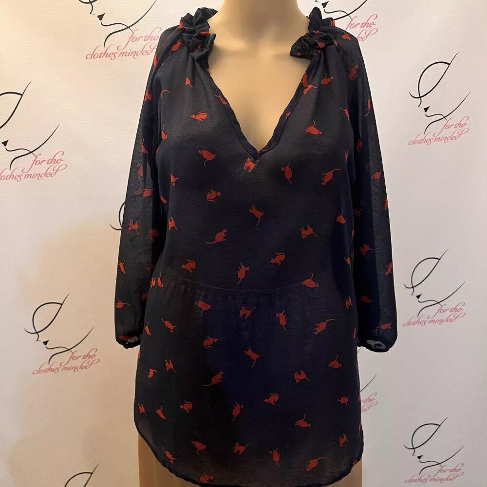 ReneeC. Sz M. Black Chiffon Sheer Cat Kitten Print Raglan Sleeve Blouse. B112